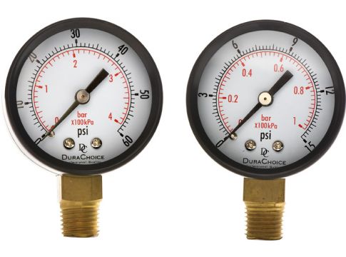 Utility Pressure Gauge - Back Mounted: 0 to 15 psig, 1 bar